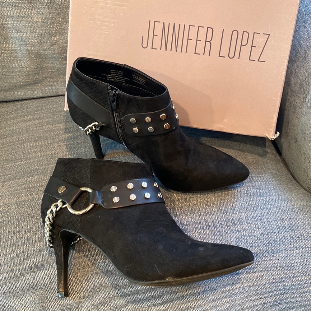 Jennifer Lopez black heel booties. Excellent condition. Box has damage.